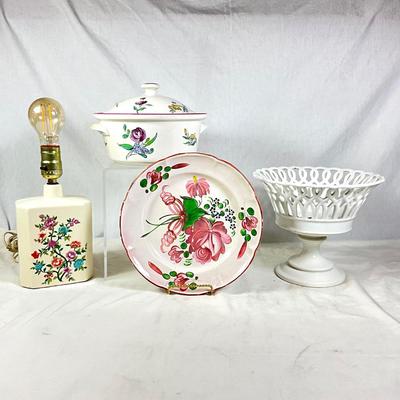 1479 Lot of French Faience Plate with Strasbourg Covered Bowl , Reticulated Pedestal Bowl