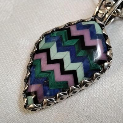 Signed Zuni Indian (Lavender Turquoise, Malachite, Green Turquoise, Lapis Lazuli and Onyx) 24" 925 Necklace