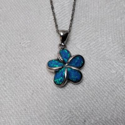 Blue Fire Opal Flower 925 16" Necklace