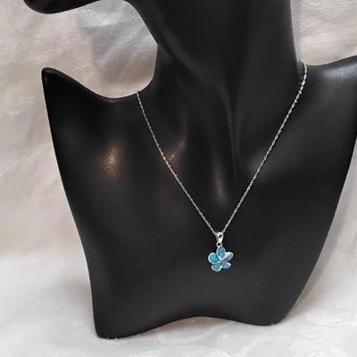Blue Fire Opal Flower 925 16" Necklace
