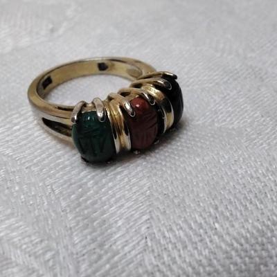Unique Jade, Onyx, Goldstone Egyptian Scarabs Gold Vermeil Ring Size 5