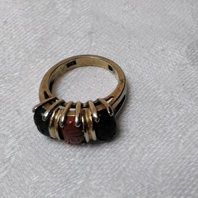 Unique Jade, Onyx, Goldstone Egyptian Scarabs Gold Vermeil Ring Size 5