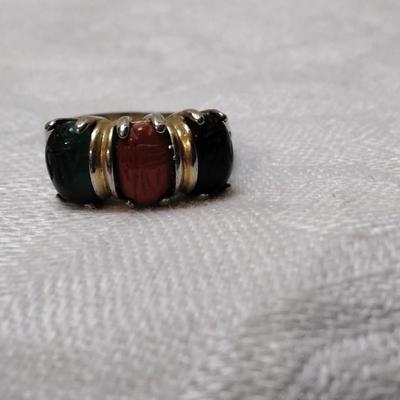 Unique Jade, Onyx, Goldstone Egyptian Scarabs Gold Vermeil Ring Size 5