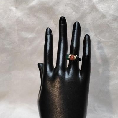 Unique Jade, Onyx, Goldstone Egyptian Scarabs Gold Vermeil Ring Size 5