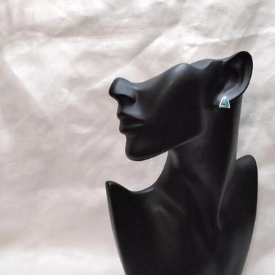 Zuni Indian Turquoise and Opal Hand Marked Signed Post Earrings