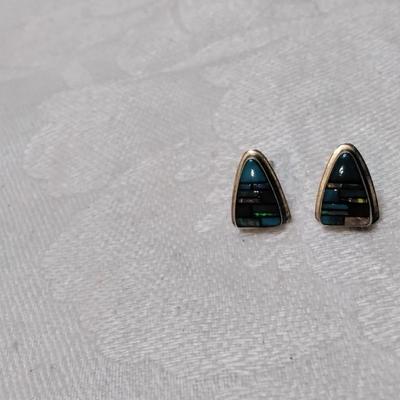 Zuni Indian Turquoise and Opal Hand Marked Signed Post Earrings