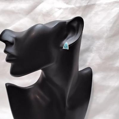 Zuni Indian Turquoise and Opal Hand Marked Signed Post Earrings