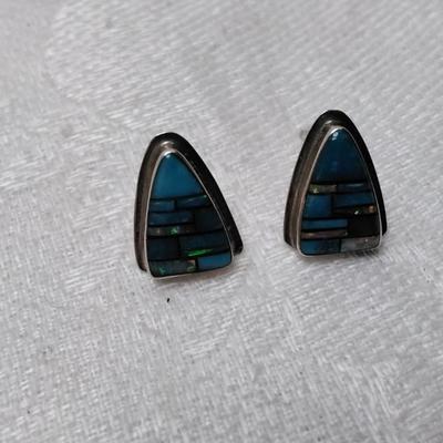 Zuni Indian Turquoise and Opal Hand Marked Signed Post Earrings