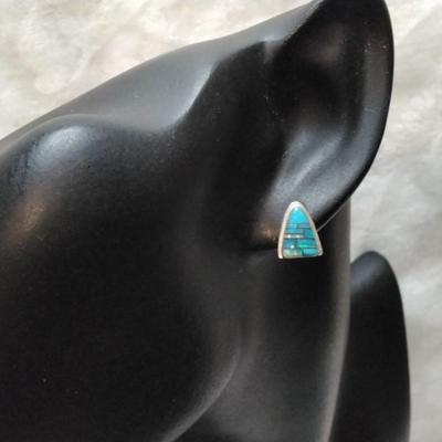 Zuni Indian Turquoise and Opal Hand Marked Signed Post Earrings