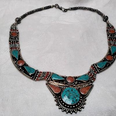 Vintage Turquoise and Coral Bib 925 Necklace