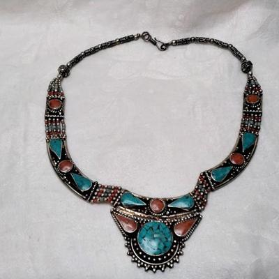 Vintage Turquoise and Coral Bib 925 Necklace