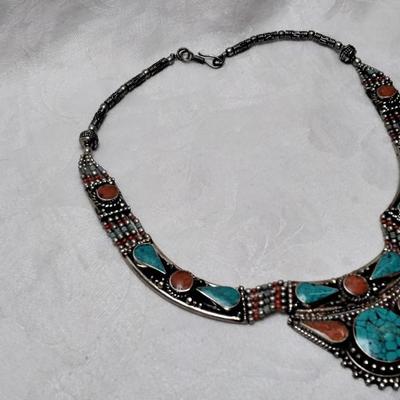 Vintage Turquoise and Coral Bib 925 Necklace