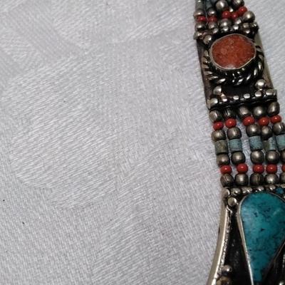 Vintage Turquoise and Coral Bib 925 Necklace