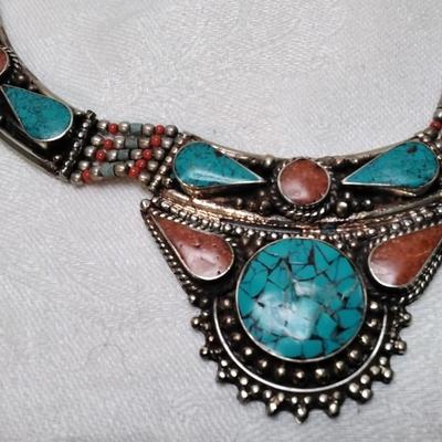 Vintage Turquoise and Coral Bib 925 Necklace
