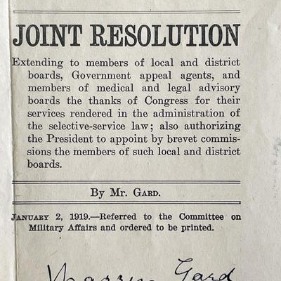 Political Resolution 1919 Warren Gard signed letter
