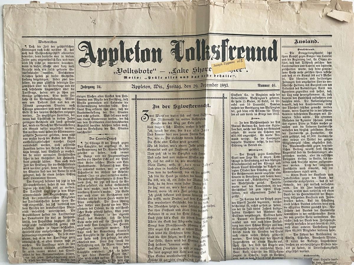 1893 Appleton Volksfreund German Language Vintage Newspaper
