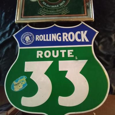FRAMED ODOULS MIRROR SIGN AND ROLLING ROCK ROUTE 33 TIN SIGN