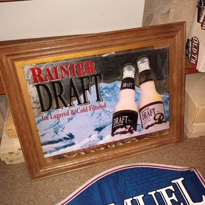 SAMUEL ADAMS TIN SIGN AND FRAMED RAINER DRAFT MIRROR