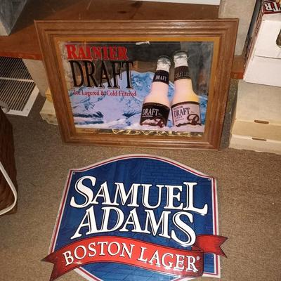 SAMUEL ADAMS TIN SIGN AND FRAMED RAINER DRAFT MIRROR