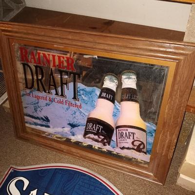 SAMUEL ADAMS TIN SIGN AND FRAMED RAINER DRAFT MIRROR