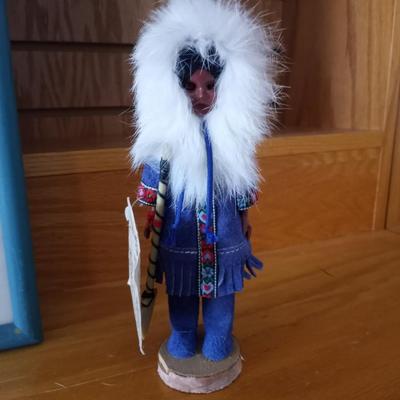 ESKIMO DOLL AND FRAMED 1992 FRAMED POSTER :YEAR OF THE AMERICAN INDIAN"