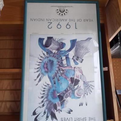ESKIMO DOLL AND FRAMED 1992 FRAMED POSTER :YEAR OF THE AMERICAN INDIAN"