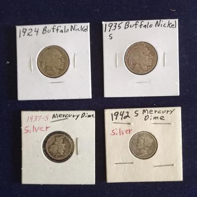 '24 & "35 BUFFALO NICKELS '42 & '37 MERCURY DIMES (SILVER)