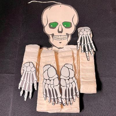 Vintage Halloween Skeleton Die Cut Cardboard and Crepe Hanging Spooky Paper Decoration