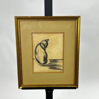 1506 Vintage Original Signed & Dated Cat Sketch