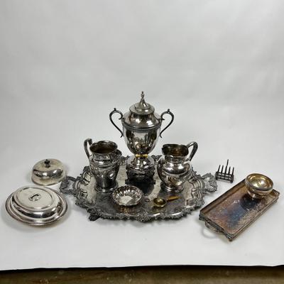 1517 Assortment of Silver Plate & Large Silver over Copper Antique Tray