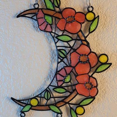 Hanging Stained Glass Moon with Flowers and Chains
