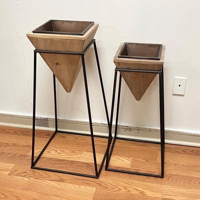 Modern Wood & Copper Planters ~ Set Of Two (2)
