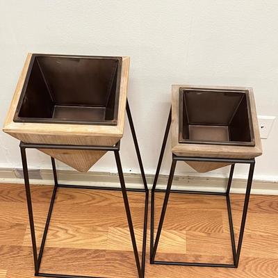Modern Wood & Copper Planters ~ Set Of Two (2)