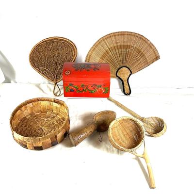 1530 Vintage Swedish Wooden Painted Box and Basket Ladles
