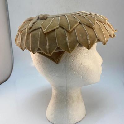 Vintage The Bon Marche Tan Velveteen Mushroom Fascinator Hat