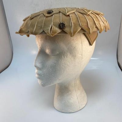 Vintage The Bon Marche Tan Velveteen Mushroom Fascinator Hat