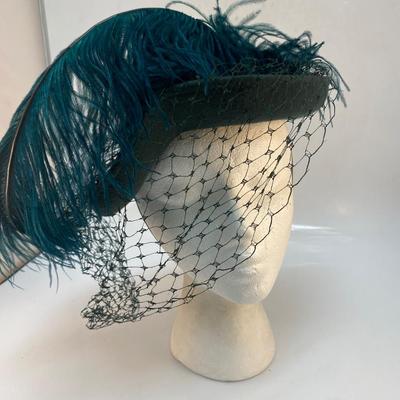 Vintage Dark Teal Green Netted with Ostrich Feather Wool Fascinator Hat