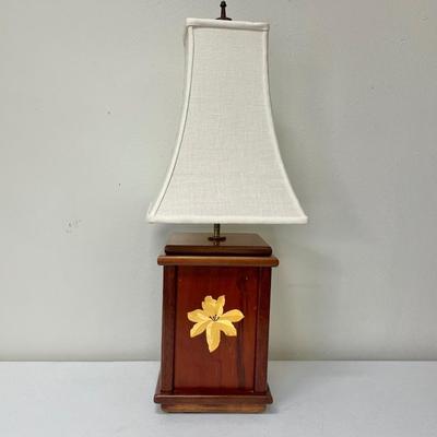 Wood Marquetry Lamp With Cream Linen Shade