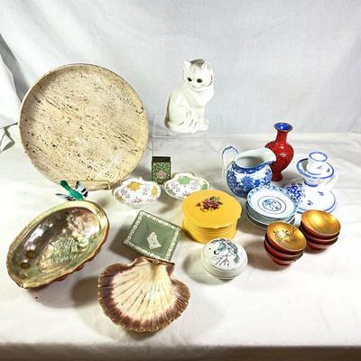 1536 Lot of Vintage Bowls, Cat Lamp, Marble Plate