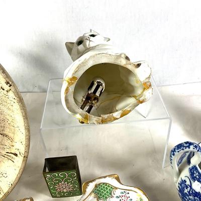 1536 Lot of Vintage Bowls, Cat Lamp, Marble Plate