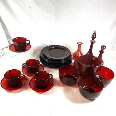 1539 Lot of Vintage Ruby Red Arcoroc French Glass Dinnerware