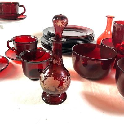 1539 Lot of Vintage Ruby Red Arcoroc French Glass Dinnerware