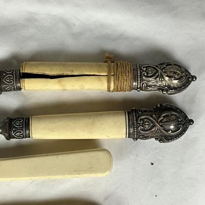 1543 Antique Sheffield England Harrison Bros & Howson Sterling Silver Mounted Bone Carving Set