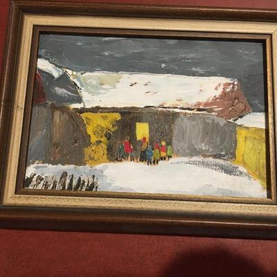 Winter scene painting primitive Naive untrained