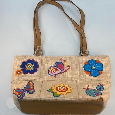 Rosetti Springtime Summer Faux Straw Purse Handbag with Colorful Flower Butterly Lady Bug Pattern