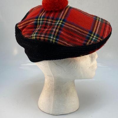 Vintage Retro Red Plaid Tartan & Black Knit Paper News Boy Golf Hat Tam o' Shanter Ghillie of Glasgow