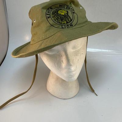 Vintage Olive Green Kenya Wildlife Lion Emblem Hiking Safari Wide Brim Sun Hat