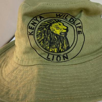 Vintage Olive Green Kenya Wildlife Lion Emblem Hiking Safari Wide Brim Sun Hat