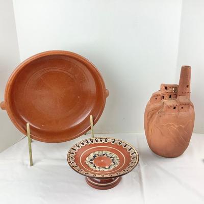 Lot 313 Artisan Signed Terracotta Sculpture & Salt Glazed Serving Dishes