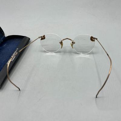Pair of Vintage Antique Thin Gold Tone Wire Framed Eyeglasses with Glasses Case